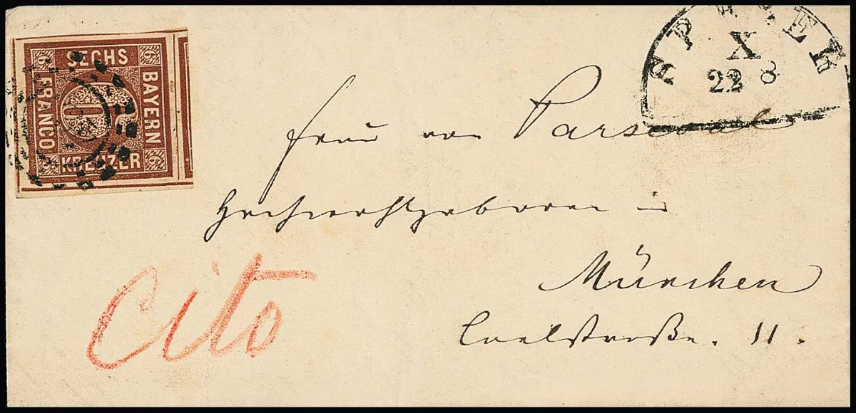 6 Kr. braun, Bogenecke mit vier Schnittlinien (!) auf Brief mit oMR "493" und HK "Speyer" 1862 nach München, sign. Sem