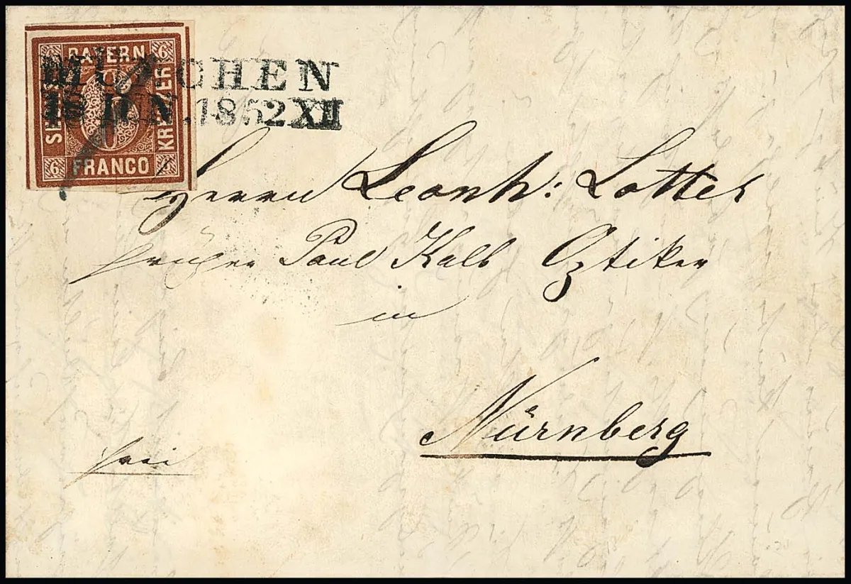 6 Kr. bruin, Pl. 1, op prachtige brief met zeldzame ontwaarding door L2 "München" van 18 juni 1852 en penstreek. Gesigneerd Schmitt