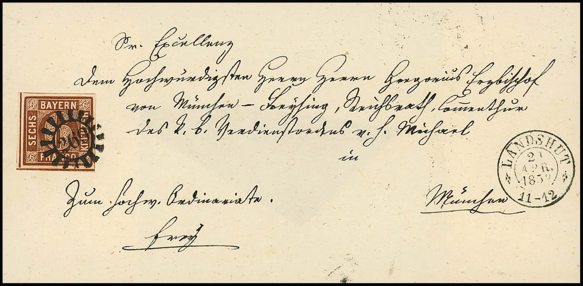 6 Kr. brun, planche 2, très larges marges, sur lettre de luxe d'évêque de Landshut 1858 à l'archevêque Gregorius à Munich, photo exp. Sem