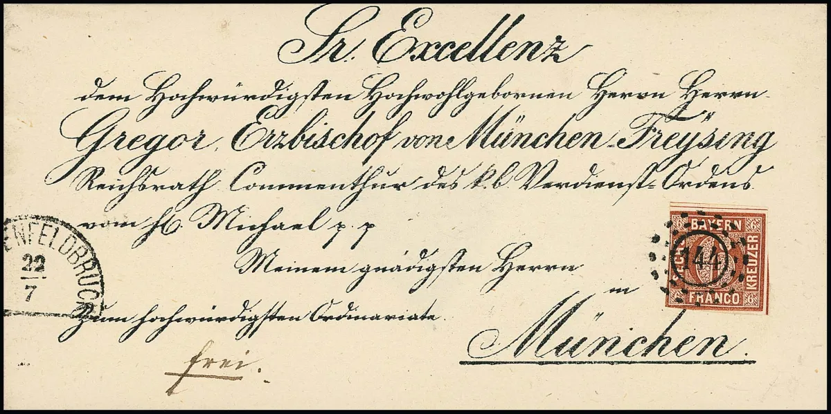 6 Kr. brun, exemplaire légèrement touché à gauche sur lettre décorative d'évêque avec oMR "144" et HK de Fürstenfeldbruck