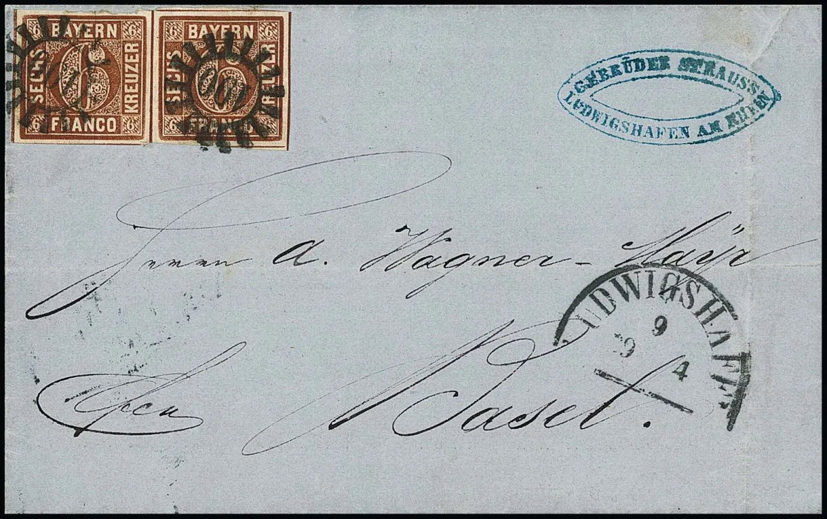 6 Kr. brun, Type II, plaque 1 utilisée tardivement, en paire de cabinet sur lettre pliée avec gMR "190" et HK "Ludwigshafen" pour Bâle/Suisse 1856