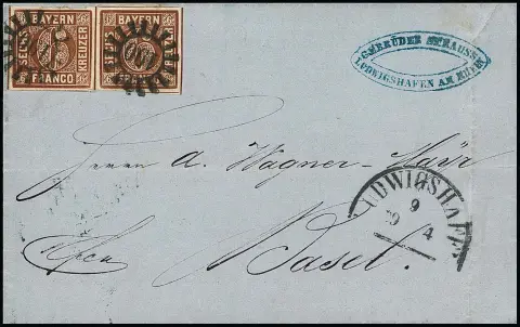 6 Kr. braun, Type II, spät verwendete Platte 1, im Kabinettpaar auf gefaltetem Brief mit gMR "190" und HK "Ludwigshafen" nach Basel/Schweiz 1856