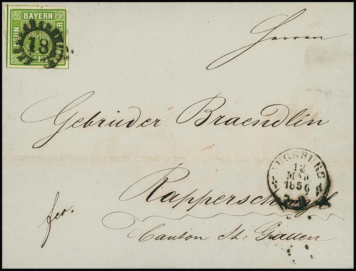 9 Kr. jaune-vert, pièce de cabinet sur lettre pliée d'Augsbourg 1856 pour Rapperswyl/Suisse, avec contenu complet