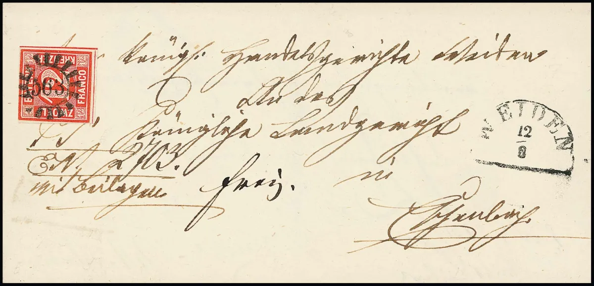12 Kr. rood, licht geraakt, op dubbel gebruikt gevouwen brief 1861 met gMR "563" en HK "Weiden" naar Eschenbach, fotocertificaat Stegmüller. Mi. 900,-
