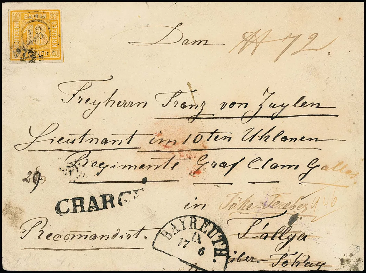 18 Kr. orange (réparé) comme meilleure affranchissement simple sur lettre recommandée double poids de Bayreuth vers Hongrie, photo-expertise Brettl