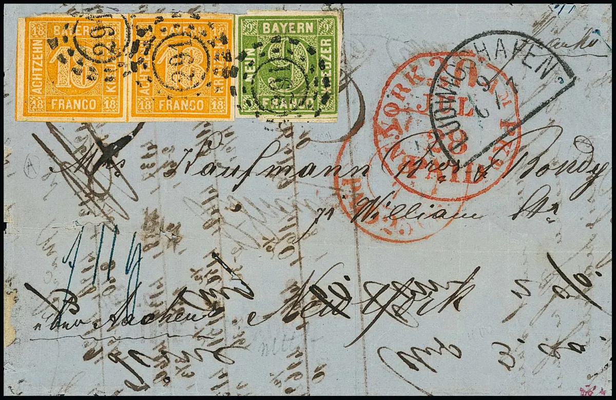 18 Kr. oranžová, nádherná dvojice (minimální stopa zmačkání u pravé známky neuvedená v atestu), spolu s 9 Kr. žlutozelená na zámořském dopise (tento kvůli velmi tenkému papíru drobné vady papíru a na rubu ne zcela kompletní) s oMR "291" a HK "Ludwigshafen" přes Cáchy do New Yorku. Vzácná kombinace ze sbírky "Romanow" (dražba Kruschel 1975 DM 2100,-), signováno Drahn, Kruschel a atest Brettl "čerstvá barva a bezvadný"