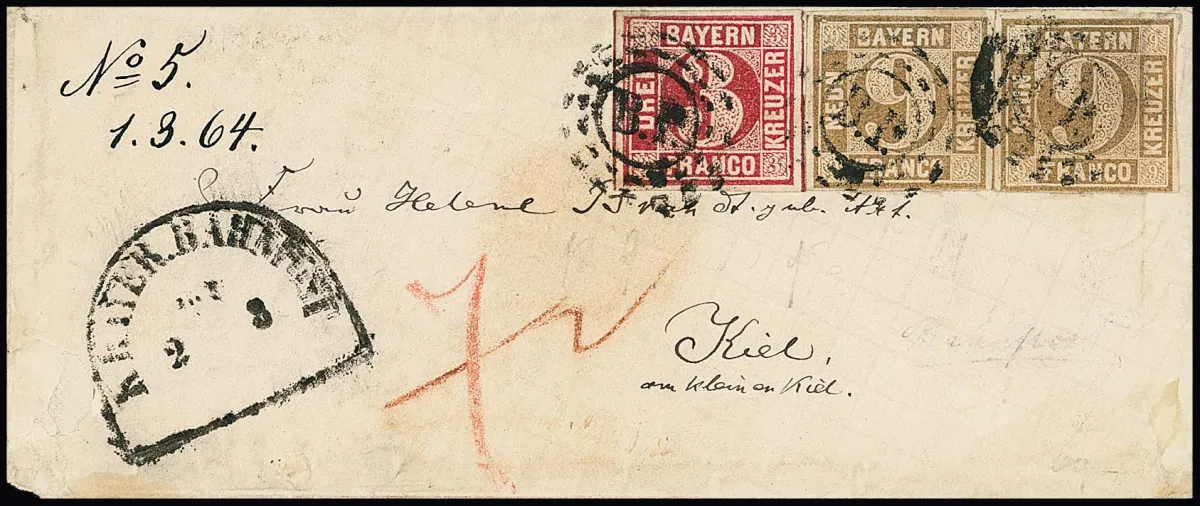 3 Kr. karmijnroze, plaatfout I, samen met horizontaal paar 9 Kr. okerbruin, op spoorwegpostbrief met oMR "B.P." en spoorwegpost-HK naar Kiel, bijgetaxeerd met 7 Kr. verdere frankering. Ondanks kleine gebreken een uitzonderlijke brief overgefrankeerd met ongeveer 5 kreuzer naar Sleeswijk-Holstein/Denemarken, fotocertificaat Sem