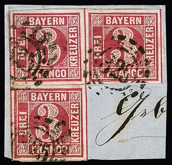 3 Kr. rose-rouge, bloc de trois largement margé sur fragment bleu avec oMR "325" (Munich), léger pli entre deux timbres. Seuls quelques blocs de trois de ce timbre subsistent, attestation photo Brettl