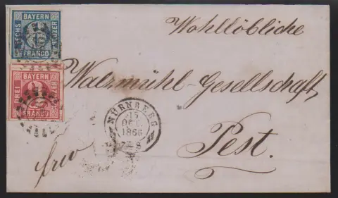 3 Kr. karmin und 6 Kr. blau auf Prachtbrief von Nürnberg 1866 nach Pest/Ungarn, Fotoexp. Sem