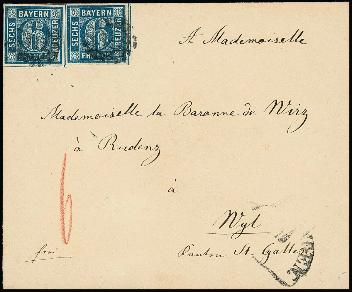 6 Kr. bleu par deux sur lettre magnifique avec gMR "311" et HK de Memmingen à Wyl/Suisse