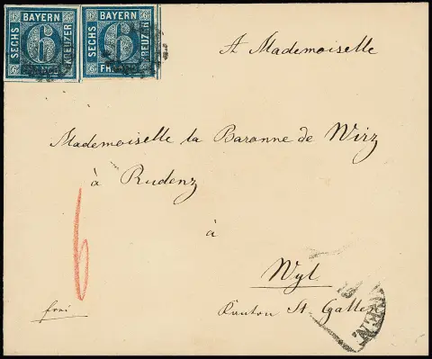 6 Kr. blau per zwei auf Prachtbrief mit gMR "311" und HK von Memmingen nach Wyl/Schweiz