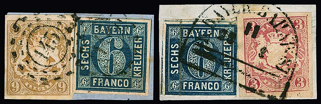 6 Kr. blau (gut) bzw. dunkelblau (min. ber.), je in Mischfrankatur mit Wappen 3 Kr. rosa bzw. 9 Kr. ockerbraun auf zwei Briefstücken, sign. Brettl bzw.…
