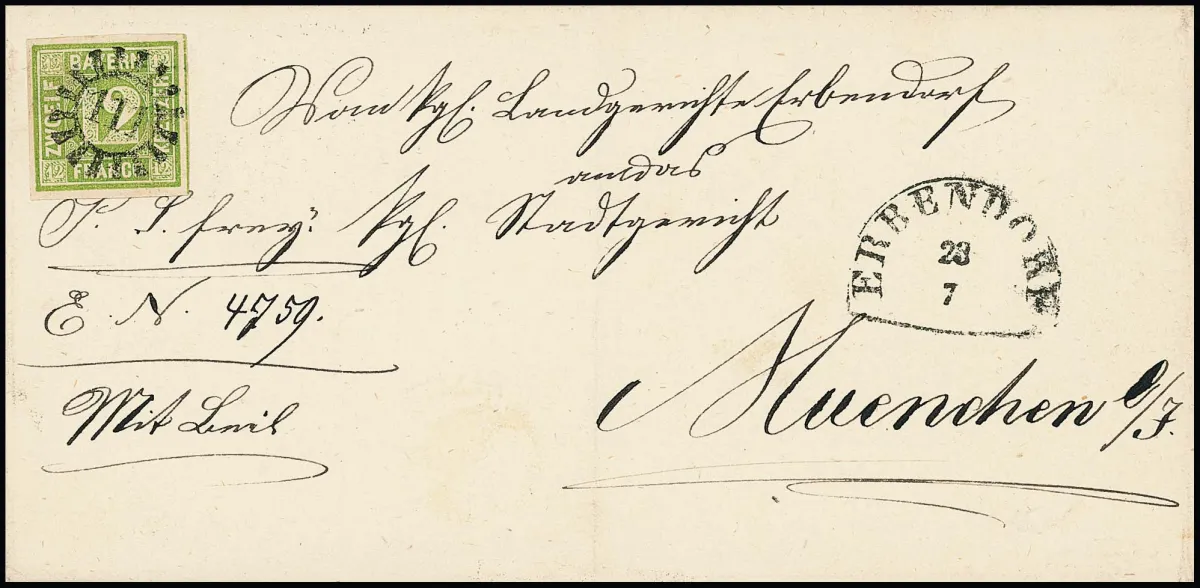 12 Kr. vert, pièce de cabinet à larges marges avec gMR "111" et HK "Erbendorf" sur lettre intérieure pliée pour Munich
