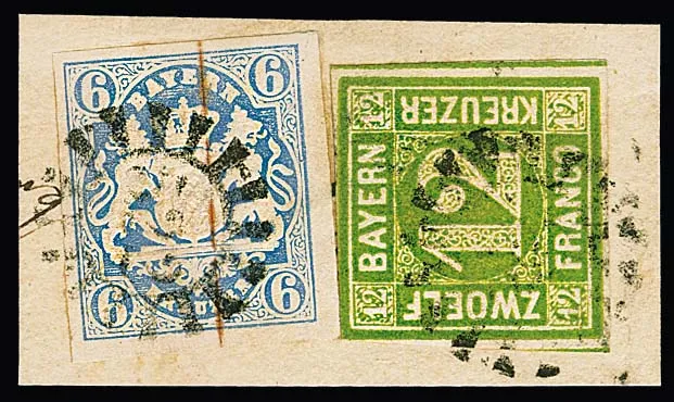 12 Kr. grün (min. Randlinienschnitt) in Mischfrankatur mit Wappen 6 Kr. hellblau auf Briefstück mit gMR "522" (Tirschenreuth)
