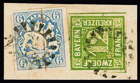 12 Kr. grün (min. Randlinienschnitt) in Mischfrankatur mit Wappen 6 Kr. hellblau auf Briefstück mit gMR "522" (Tirschenreuth)
