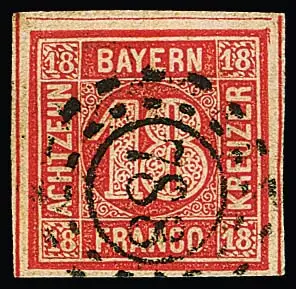 18 Kr. rot, breitrandiges Kabinettstück mit kleinem Plattenfehler in der rechten oberen Ecke, oMR "788" (Kolbermoor) zentrisch, sign. Brettl