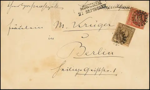 18 Kr. zinnoberrot und 9 Kr. ockerbraun, je min. berührt, auf Couvert (dieses unauffällig eingerissen und dort kl. Klebestelle) von München 1865 nach Berlin.…