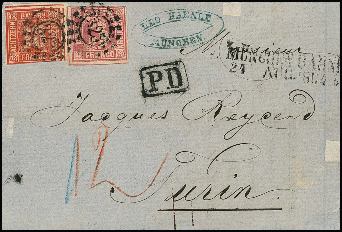 18 Kr. rouge cinabre du coin supérieur droit de la feuille, avec 3 Kr. rose, les deux touchés d'un côté, sur lettre pliée avec oMR "328" et L2 "München" pour Turin, via…