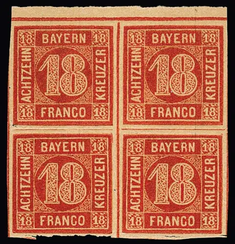 18 Kr. orangerot im Pracht-Viererblock vom Oberrand, unteres Paar ungebraucht, oberes postfrisch, typische "bayernbrüchige Stellen" im Zwischenraum, Mi. für…