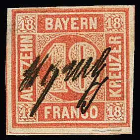 18 Kr. orangerot mit handschriftlicher Gerichtsentwertung, als Beigabe eine gestempelte 18 Kr. zinnoberrot mit Mängeln