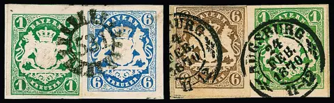 1 Kr. grün bzw. dunkelgrün, fünf Briefstücke mit Farbkombinationen: nebst 6 Kr. blau, zweimal nebst 6 Kr. braun (einmal dekor. hs. Gerichtsentwertung), nebst…