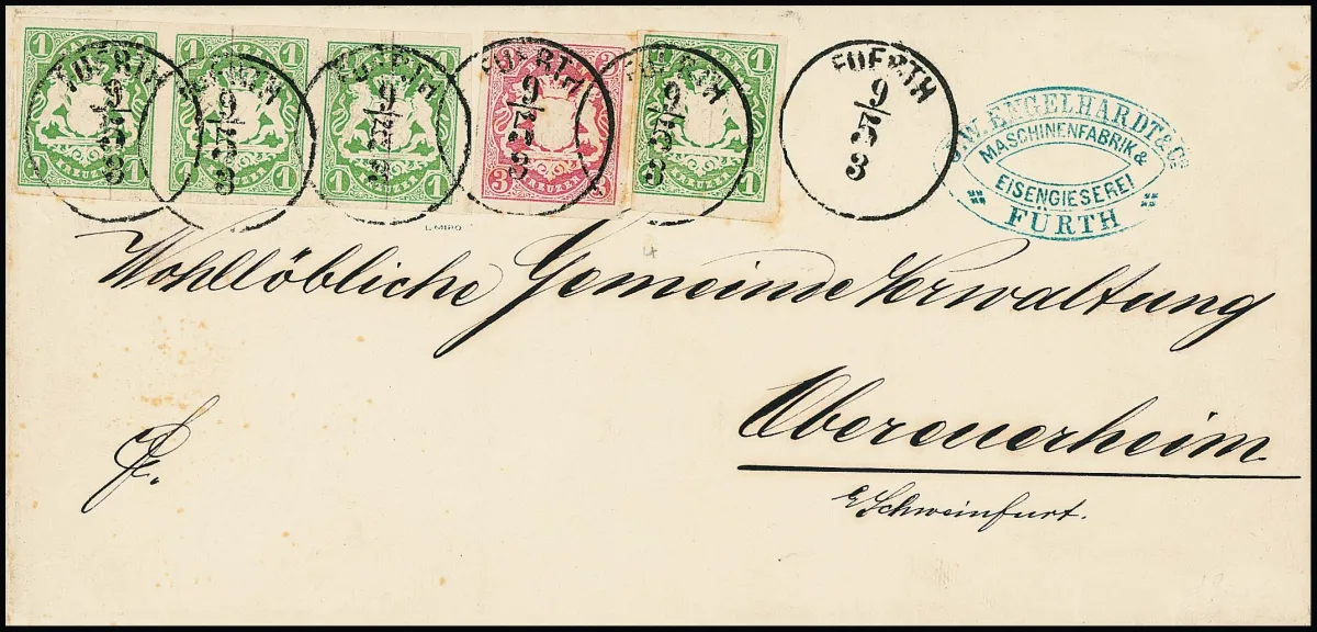 1 Kr. grün, tadelloser Dreierstreifen, nebst gering berührtem Einzelstück und 3 Kr. rosa (diese geringe Patina) als sehr ungewöhnliche Darstellung des…