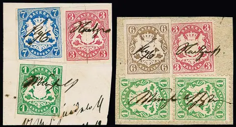 Zwei Briefstücke mit dekor. Dreifarben-Kombinationen mit hs. Gerichtsentwertung von München: geschnittene 1 Kr. grün, 3 Kr. rosa (kl. Vortrennschnitt) und 7…