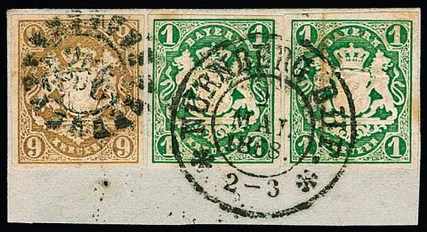 1 Kr. dunkelgrün per zwei mit K2 "Nürnberg Bhf.", nebst 9 Kr. ockerbraun, diese mit gMR "356", auf Kabinettbriefstück, sign. Schmitt