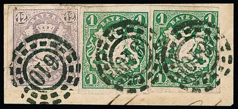 1 Kr. dunkelblaugrün per zwei und 12 Kr. purpur auf Prachtbriefstück mit oMR "610" (Altenstadt, sign. Pfenninger)