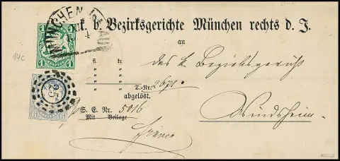 1 Kr. dunkelblaugrün mit HK "München Vst. Au", die 6 Kr. hellblau dagegen mit oMR "25", beide tadellos, auf Vordruck-Gerichtsbrief, sign. Pfenninger