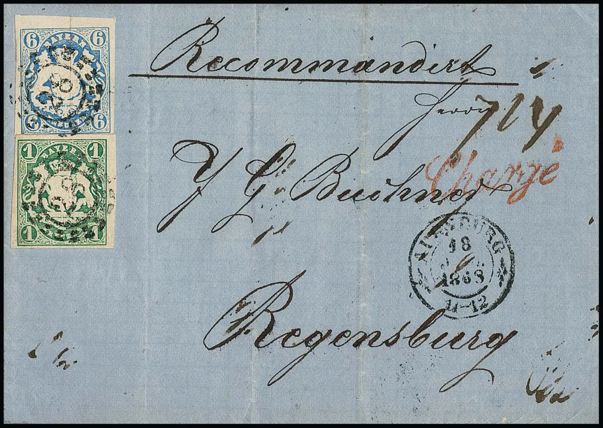 1 Kr. dunkelblaugrün und 6 Kr. blau, Kabinettstücke mit oMR "28" und K2 "Augsburg" auf mehrfach gef. Chargébrief nach Regensburg