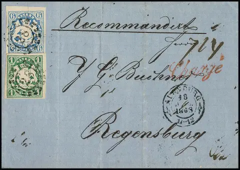 1 Kr. dunkelblaugrün und 6 Kr. blau, Kabinettstücke mit oMR "28" und K2 "Augsburg" auf mehrfach gef. Chargébrief nach Regensburg