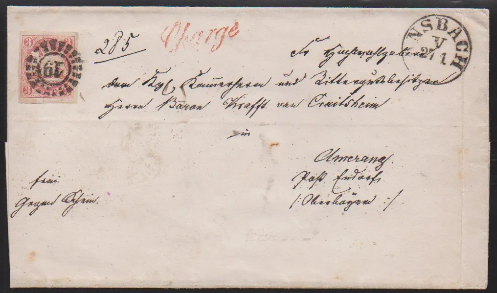3 Kr. rose, pièce de cabinet sur lettre chargée de noblesse intérieure pliée à adresse décorative d'Ansbach (oMR "19") à Amerang, Post Endorf