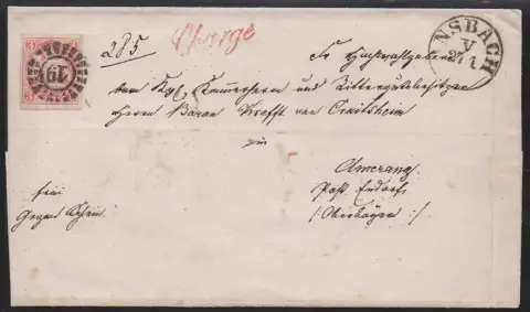 3 Kr. rosa, Kabinettstück auf dekorativ adressiertem gef. Adels-Chargé-Inlandsbrief von Ansbach (oMR "19") nach Amerang, Post Endorf