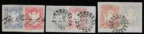 3 Kr. rosa und 6 Kr. hellblau, drei Briefstücke je mit Buntfrankaturen, sowie Prachtbrief 1 Kr. grün nebst 6 Kr. blau