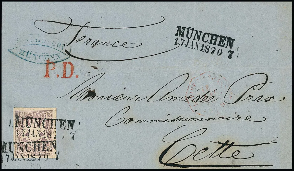 12 Kr. pourpre seul sur face avant de lettre (au verso petit rabat) avec L2 "München" 1870 pour Cette/France, coin supérieur gauche petite réparation, photo exp. Schmitt