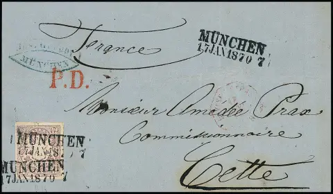 12 Kr. purpur einzeln auf Briefvorderseite (rs. kleines Klappenteil) mit L2 "München" 1870 nach Cette/Frankreich, linke obere Ecke kleine Reparatur, Fotoexp.…