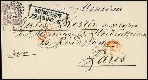 12 Kr. purpur, Kabinettstück auf Couvert (rs. fehlt die obere Viertelklappe) mit oMR "325" und Ra2 "München" nach Paris, sign. Brettl