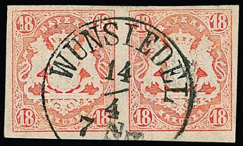 18 Kr. zinnoberrot, Kabinettpaar mit zentrischem K1 "Wunsiedel", sign. Pfenninger. Mi. 1200,-
