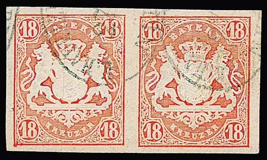 18 Kr. rouge cinabre, très large paire horizontale superbe avec cachets ovales de journal de Nürnberg, signé Engel, Hartmann. Mi. 1200,-