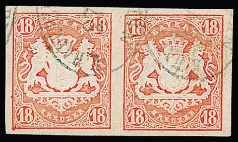 18 Kr. zinnoberrot, sehr breitrandiges waager. Prachtpaar mit Zeitungsovalstempeln von Nürnberg, sign. Engel, Hartmann. Mi. 1200,-