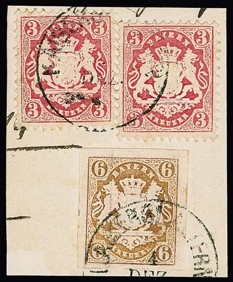 6 Kr. ockerbraun in Mischfrankatur mit zwei gez. 3 Kr. rosa (einmal min. Zahnspalt) auf Briefstück mit K1 "Kaiserslautern", sign. Pfenninger, Pröschold