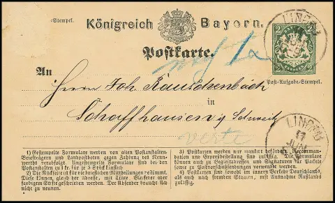Ganzsachenkarte 2 Kr. grün von Lindau (K1) 1874 nach Schaffhausen/Schweiz gelaufen (Grenzrayon), um "1 X" unterfrankiert und diese bar nacherhoben