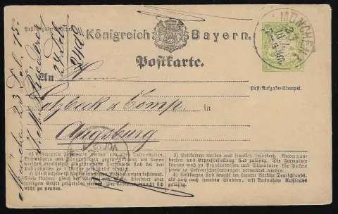 Ganzsachenkarte 1 Kr. grün deutlich unterfrankiert von München, 23.12.75, nach Augsburg ohne Nachtaxe, sowie weitere Karte korrekt als Ortskarte aus München