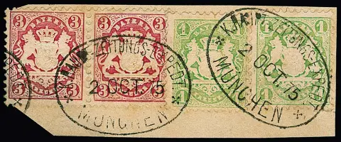 1 Kr. gelbgrün in wertgleicher Mischfrankatur mit 1 Kr. mattgrün, Wz. "Wellenlinien", sowie Paar 3 Kr. rosa, auf Briefstück mit Zeitungs-Exped.-Ovalstempel…