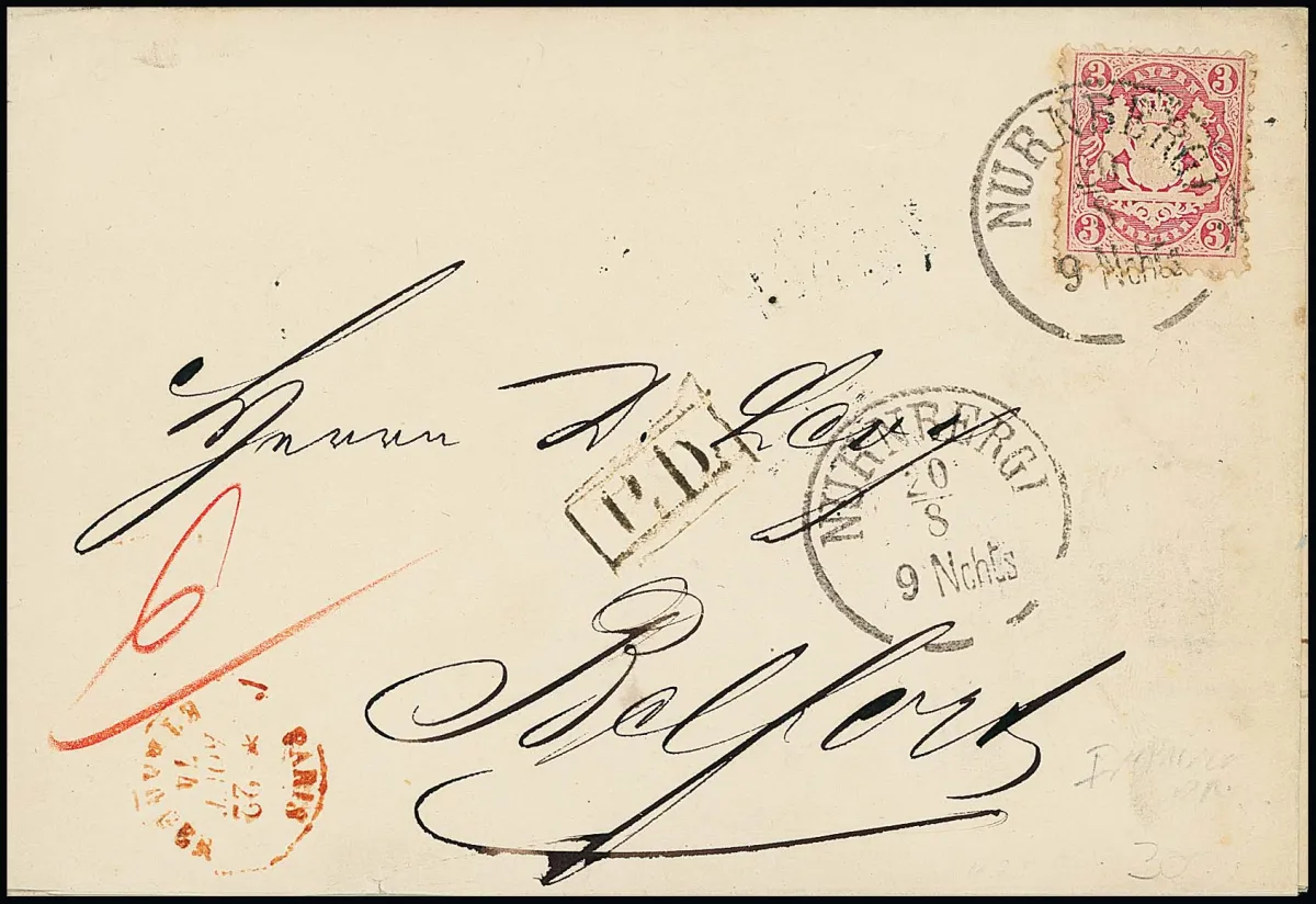 3 Kr. rose comme meilleure affranchissement unique sur splendide imprimé étranger de Nuremberg 1874 vers Belfort français, signé Brettl