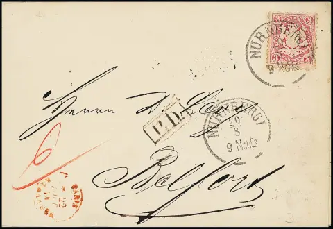 3 Kr. rosa als bessere Einzelfrankatur auf Pracht-Auslands-Drucksache von Nürnberg 1874 ins französische Belfort, sign. Brettl