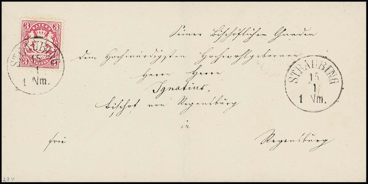 3 Kr. rose avec K1 "Straubing" sur lettre d'évêque de cabinet à l'évêque Ignatius à Regensburg