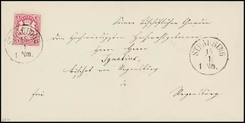 3 Kr. rosa mit K1 "Straubing" auf Kabinett-Bischofsbrief an Bischof Ignatius in Regensburg