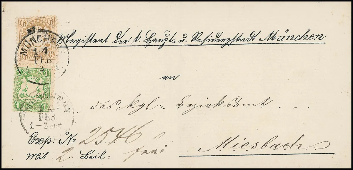 6 Kr. brun ocre, pièce de cabinet, avec 1 Kr. vert (coins ronds), sur lettre fraîche, partiellement préimprimée de Munich à Miesbach